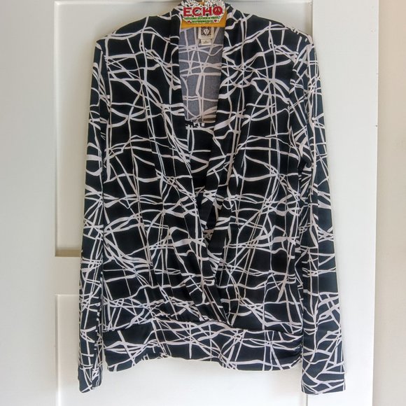 Anne Klein Tops - Anne Klein Black & White Abstract Print Long Sleeve Faux Wrap Blouse with Tank